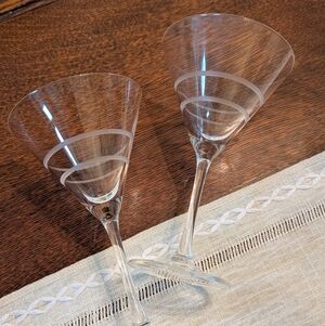 Vintage Clear Crystal Martini Glass Set With Frosted Double Band Accent Detail
